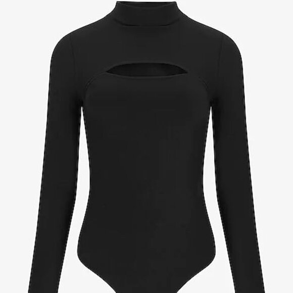 Express Body Contour Cozy Mock Neck Cutout Bodysuit Black - Picture 2 of 7